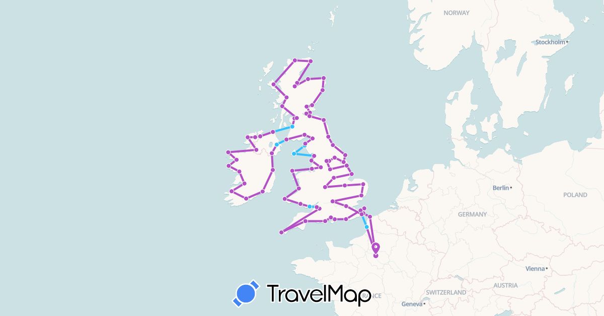 TravelMap itinerary: driving, train, boat in France, United Kingdom, Ireland, Isle of Man (Europe)